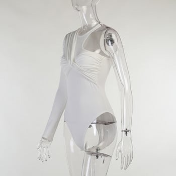 BKLD Бодита с дълъг ръкав Есен Нова мода Бандаж на едно рамо Плисирани бели бодита Секси тоалети за жени