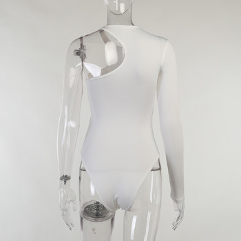 BKLD Бодита с дълъг ръкав Есен Нова мода Бандаж на едно рамо Плисирани бели бодита Секси тоалети за жени