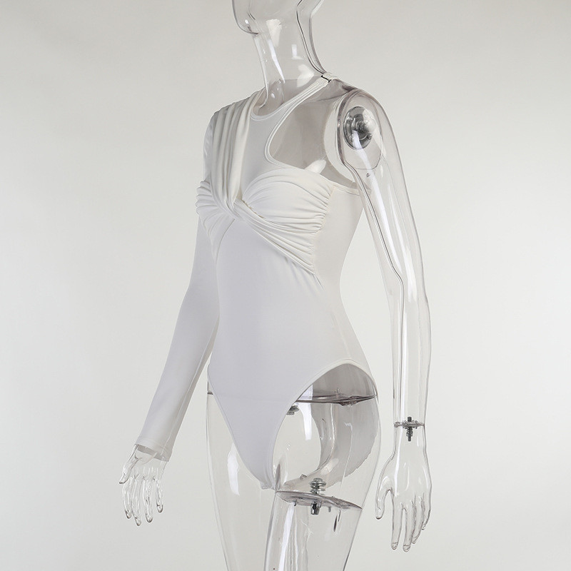 BKLD Top cu mânecă lungă Bodycon Body Body Toamna Nouă Modă Bandaj pe un singur umăr Body alb plisat Ținute sexy pentru femei