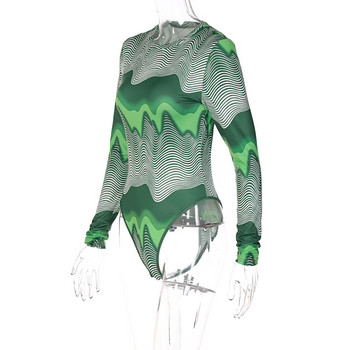 BKLD Γυναικεία ρούχα 2021 Νέα χειμωνιάτικη μόδα εμπριμέ πράσινη ολόσωμη φόρμα με στρογγυλή λαιμόκοψη Κομψή φόρμα με μακρυμάνικο μπλουζάκι