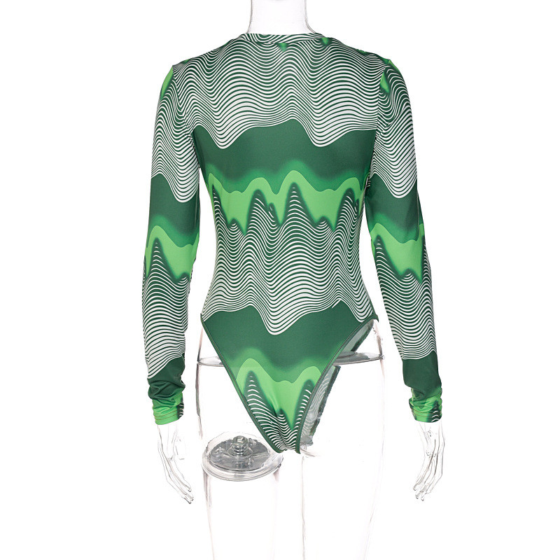 BKLD Γυναικεία ρούχα 2021 Νέα χειμωνιάτικη μόδα εμπριμέ πράσινη ολόσωμη φόρμα με στρογγυλή λαιμόκοψη Κομψή φόρμα με μακρυμάνικο μπλουζάκι