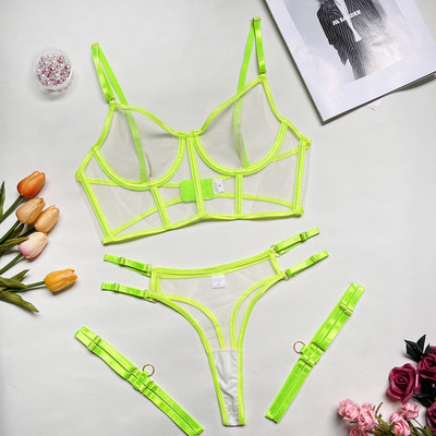 MIRABELLE Neon Sexy  Lenjerie Intima Femei Corp Femei Lenjerie Costum Sexy Sutien Transparent Tinuta Exotica 4 Piese Dantela Intimate