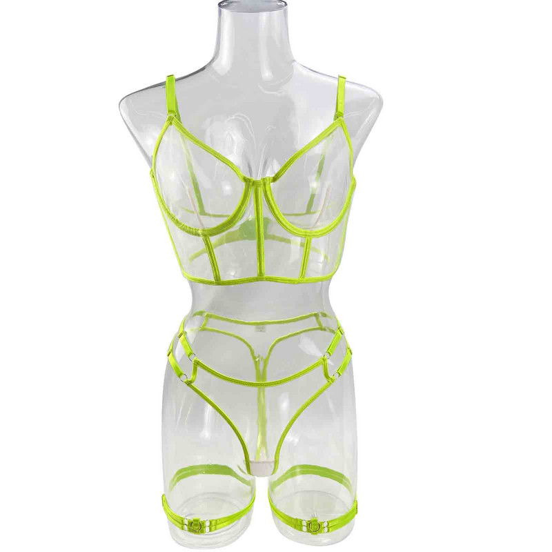 MIRABELLE Neon Sexy  Lenjerie Intima Femei Corp Femei Lenjerie Costum Sexy Sutien Transparent Tinuta Exotica 4 Piese Dantela Intimate