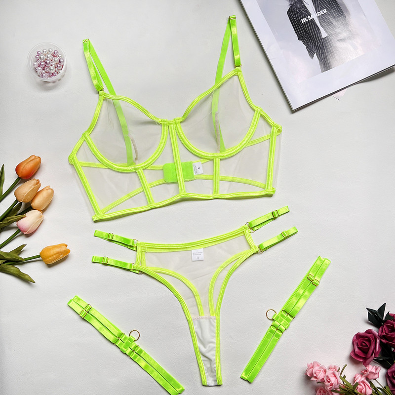 MIRABELLE Neon Sexy  Lenjerie Intima Femei Corp Femei Lenjerie Costum Sexy Sutien Transparent Tinuta Exotica 4 Piese Dantela Intimate