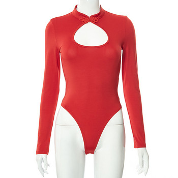 BKLD Κόκκινο κορμάκι 2021 Φθινόπωρο και Χειμώνας Νέο μονόχρωμο αγκράφα με λαιμόκοψη με κούφια ραφή Γυναικεία μακρυμάνικη φόρμα