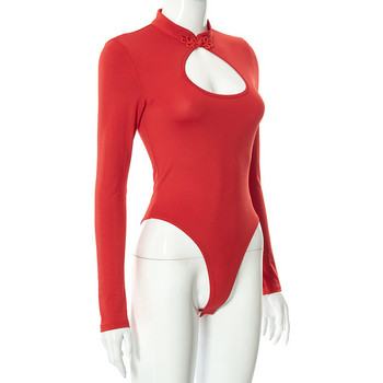 BKLD Κόκκινο κορμάκι 2021 Φθινόπωρο και Χειμώνας Νέο μονόχρωμο αγκράφα με λαιμόκοψη με κούφια ραφή Γυναικεία μακρυμάνικη φόρμα