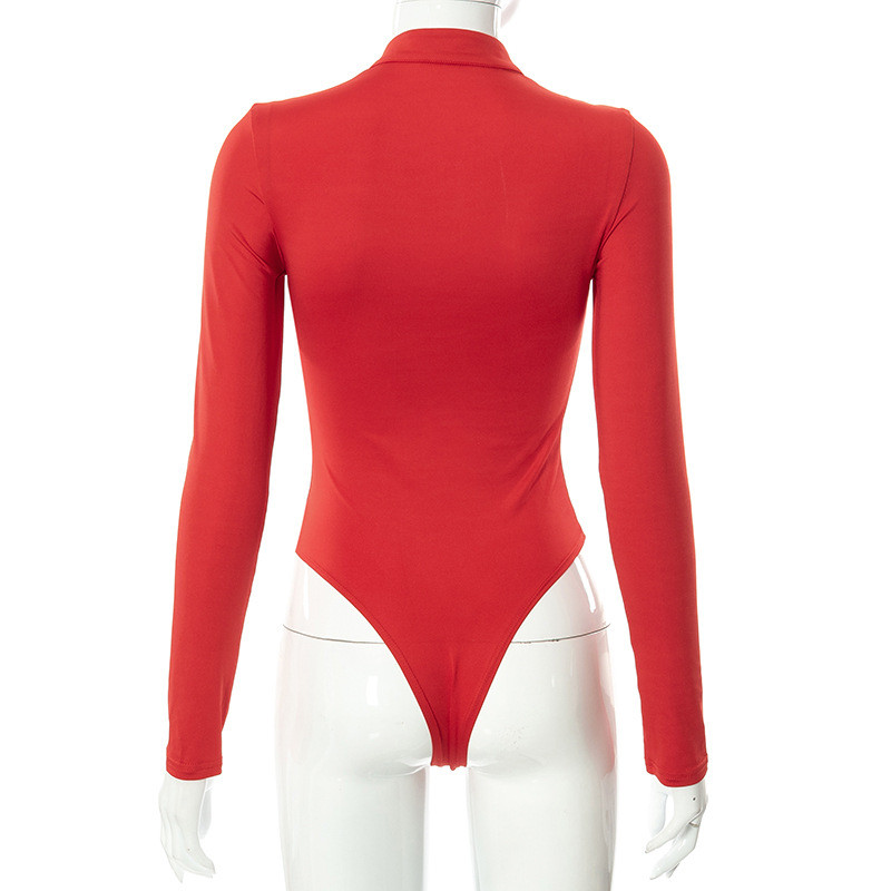 BKLD Κόκκινο κορμάκι 2021 Φθινόπωρο και Χειμώνας Νέο μονόχρωμο αγκράφα με λαιμόκοψη με κούφια ραφή Γυναικεία μακρυμάνικη φόρμα