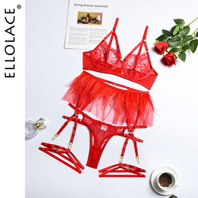 Ellolace fensi pernato donje rublje 3-dijelno senzualno donje rublje Čipkasti grudnjak s donjim žicom Podvezice s volanima Proziran prekrasan komplet Bilizna