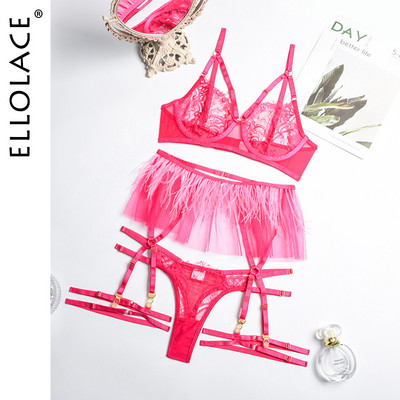 Ellolace fensi pernato donje rublje 3-dijelno senzualno donje rublje Čipkasti grudnjak s donjim žicom Podvezice s volanima Proziran prekrasan komplet Bilizna