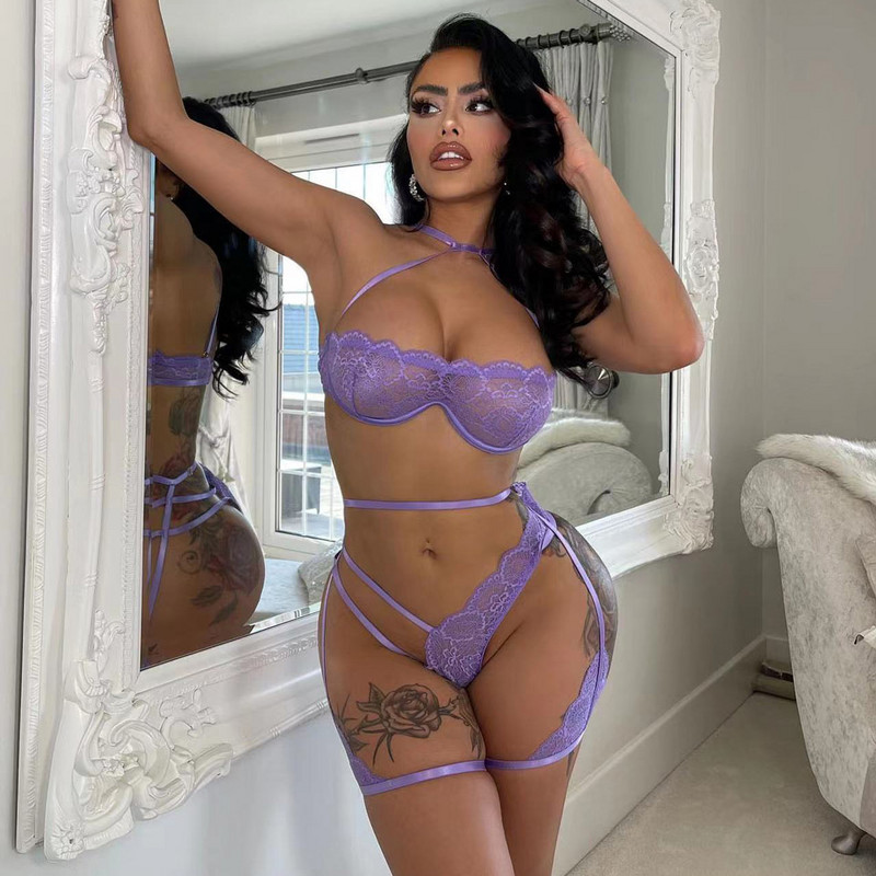 Ellolace Lenjerie Halter Cup Sutien Dantela Transparenta Ținute Erotice Femeie Dezbrăcată Pornografie Extreme Sexy Lavanda Intim 3 Piese