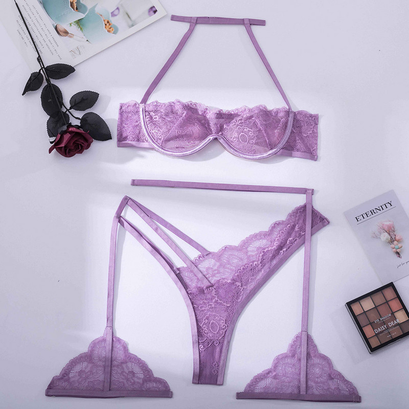 Ellolace Lenjerie Halter Cup Sutien Dantela Transparenta Ținute Erotice Femeie Dezbrăcată Pornografie Extreme Sexy Lavanda Intim 3 Piese