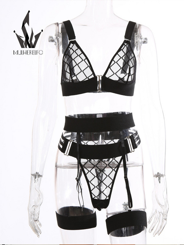 Mulherelfo Set de lenjerie sexy pentru femei Set de lenjerie de corp cu plasă transparentă Push Up Set de lenjerie intima fără fir, fără sudură, transparent, Seturi de slip jartieră