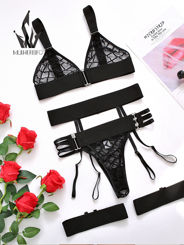 Mulherelfo Set de lenjerie sexy pentru femei Set de lenjerie de corp cu plasă transparentă Push Up Set de lenjerie intima fără fir, fără sudură, transparent, Seturi de slip jartieră