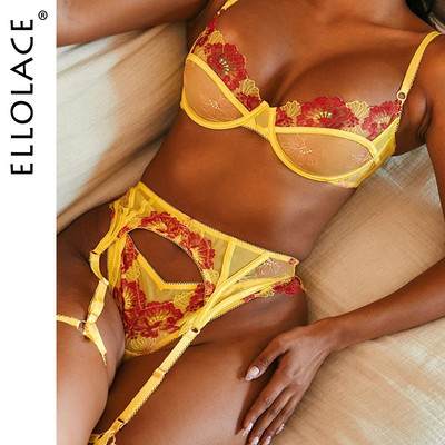 Ellolace Sensual Lenjerie Dantela Broderie florală Lenjerie intima transparentă Seturi exotice Sutien frumos cu sârmă fără sudură intim