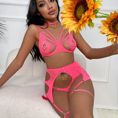 JSY Set seksi grudnjaka i gaćica Donje rublje Žuti prozirni komplet ženskog donjeg rublja Izdubljeni erotski grudnjak Komplet kratkih hlačica Kostim