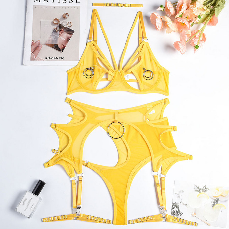 JSY Set seksi grudnjaka i gaćica Donje rublje Žuti prozirni komplet ženskog donjeg rublja Izdubljeni erotski grudnjak Komplet kratkih hlačica Kostim