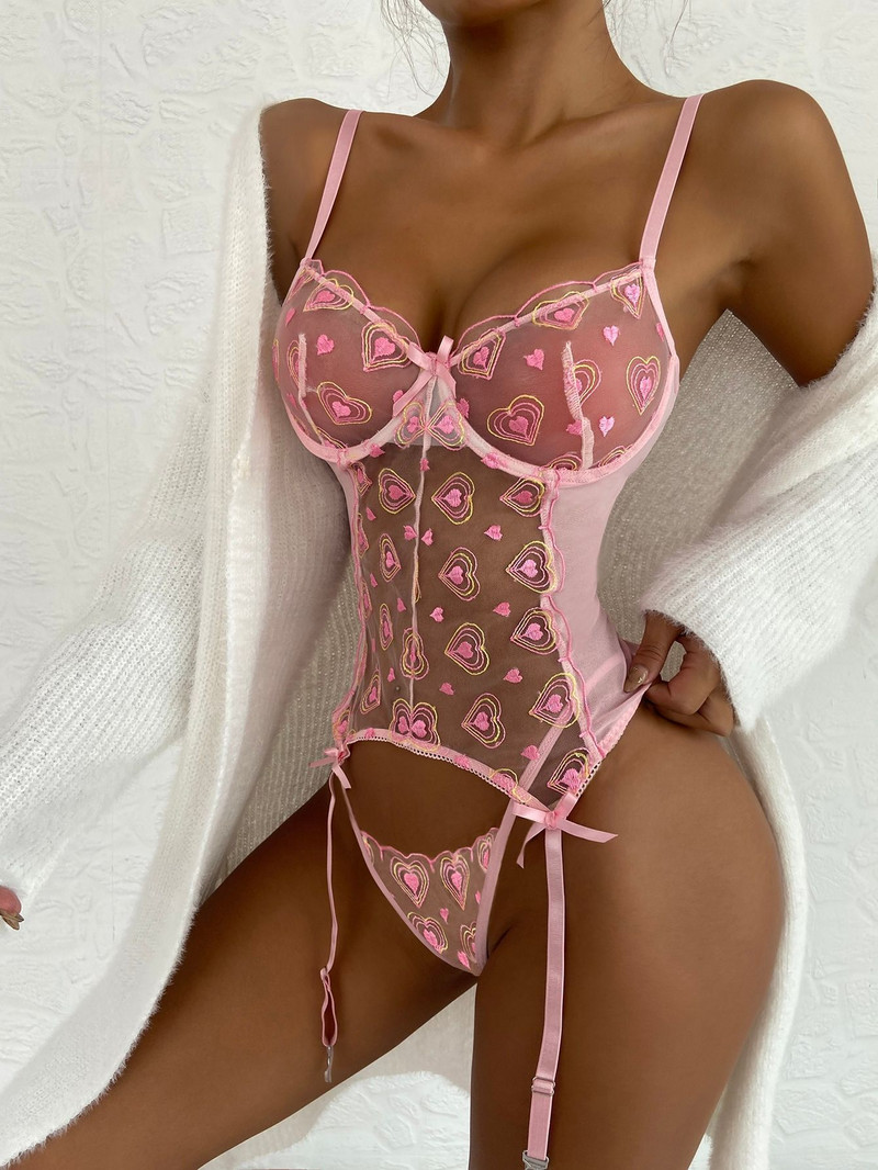 Ellolace Ljubavno donje rublje u obliku srca Fetiš donje rublje koje se vidi Romantični set za Valentinovo Ženski dvodijelni čipkasti intimni