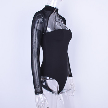 BKLD Μαύρο κορμάκι 2021 Φθινόπωρο Γυναικεία Ρούχα Νέο σέξι Hollow Out Nightclub Διχτυωτό μακρυμάνικο μπλουζάκι μονόχρωμο