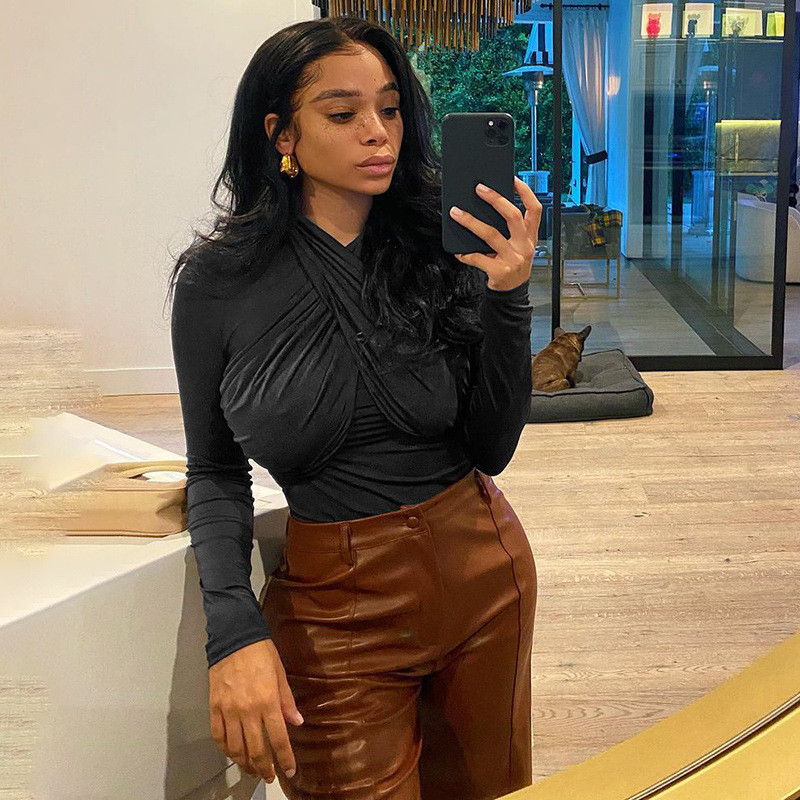 BKLD, toamnă 2021, noua modă, cu gât cu mâneci lungi, subțire, culoare solidă, negru, îmbrăcăminte pentru femei, top sexy, haine de club pentru petreceri