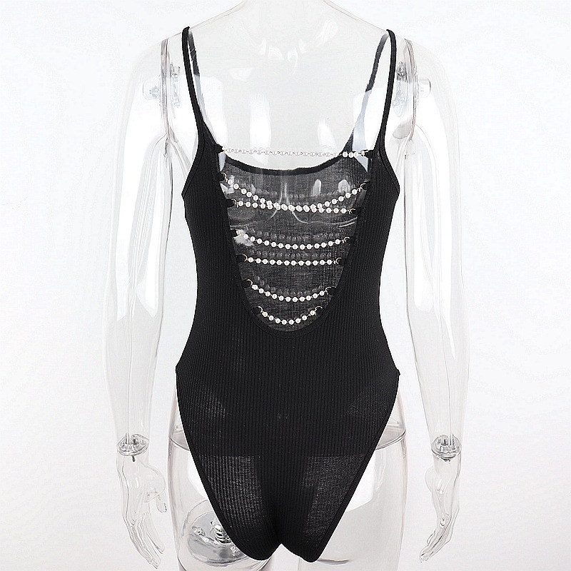 BKLD 2021 Άνοιξη Νέο μονόχρωμο λουράκι σπαγγέτι με ραβδώσεις λεπτή μαργαριταρένια διακόσμηση εξώπλατο μαύρο κορμάκι One Piece Γυναικεία