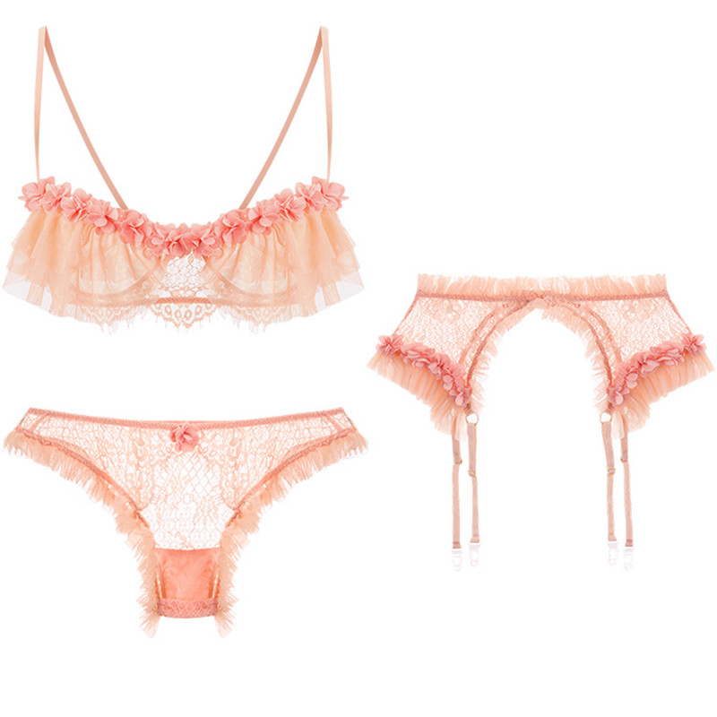 YBFDO Set de sutien și chiloți fără sârmă din dantelă sexy cu jartieră Temptation, sutien cu volane ultra subțiri, suspen