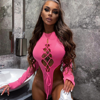 BKLD ținute noi de toamnă pentru femei 2022, la modă, roz, cu mânecă lungă, cu gât rotund, sexy, bandaj, încrucișat, body într-o bucată subțire