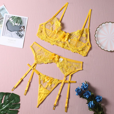 Lilletikandiga rinnahoidjate komplekt Seksikas pesu Naiste õhuke Push up rinnahoidja + sukahoidjad + stringid, 3-osaline komplekt Vaata läbi roosa aluspesu