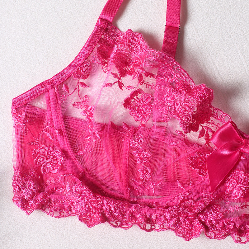 Lilletikandiga rinnahoidjate komplekt Seksikas pesu Naiste õhuke Push up rinnahoidja + sukahoidjad + stringid, 3-osaline komplekt Vaata läbi roosa aluspesu