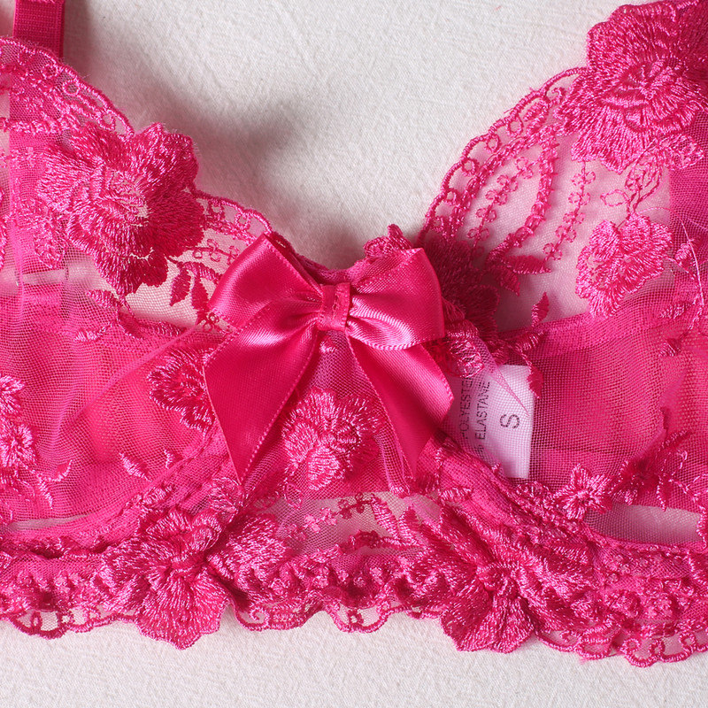Lilletikandiga rinnahoidjate komplekt Seksikas pesu Naiste õhuke Push up rinnahoidja + sukahoidjad + stringid, 3-osaline komplekt Vaata läbi roosa aluspesu