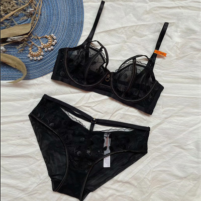 Set sutien și slip cu broderie din plasă transparentă, ultra-subțire, sexy, cu push-up, lenjerie franceză pentru femei, cupa BCD fără căptușeală