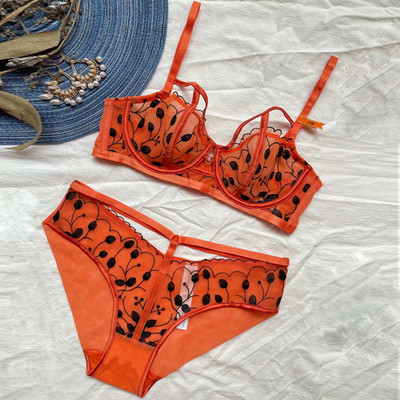 Set sutien și slip cu broderie din plasă transparentă, ultra-subțire, sexy, cu push-up, lenjerie franceză pentru femei, cupa BCD fără căptușeală