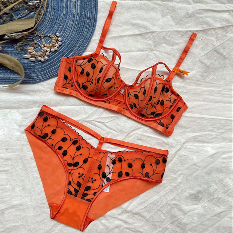 Set sutien și slip cu broderie din plasă transparentă, ultra-subțire, sexy, cu push-up, lenjerie franceză pentru femei, cupa BCD fără căptușeală