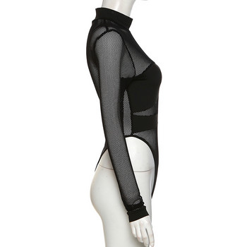 BKLD 2023 Пролетно ново мрежесто горнище за жени Перспективно секси клубно облекло Тънко модно едноцветно черно боди с О-образно деколте и дълъг ръкав