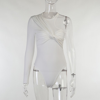 BKLD Бяло бодито Модно боди с дълъг ръкав с едно рамо Плисирано дамско облекло Летни секси клубни екипи Ежедневно горнище