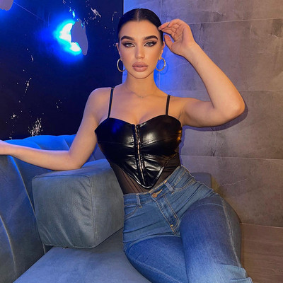 BKLD Seksi majice Ženske 2022 Nummer New Špagetice Bez rukava PU kožni Mrežasti Bodi Jednodijelni Festivalska Odjeća