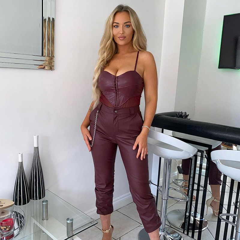 BKLD Seksi majice Ženske 2022 Nummer New Špagetice Bez rukava PU kožni Mrežasti Bodi Jednodijelni Festivalska Odjeća