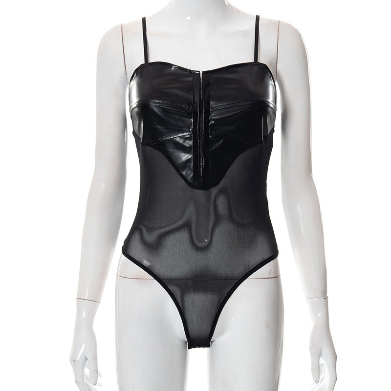 BKLD Seksi majice Ženske 2022 Nummer New Špagetice Bez rukava PU kožni Mrežasti Bodi Jednodijelni Festivalska Odjeća