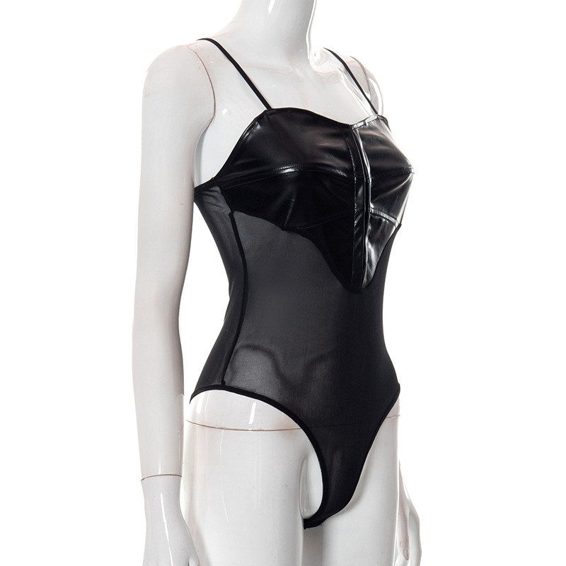 BKLD Seksi majice Ženske 2022 Nummer New Špagetice Bez rukava PU kožni Mrežasti Bodi Jednodijelni Festivalska Odjeća