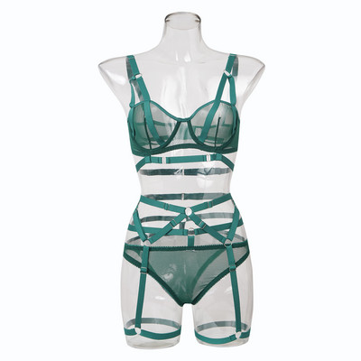 Yimunancy Set de 3 bucăți din dantelă exotică din plasă, transparentă, lenjerie sexy, set de chiloți, bandaj, set de jartiere în cruce