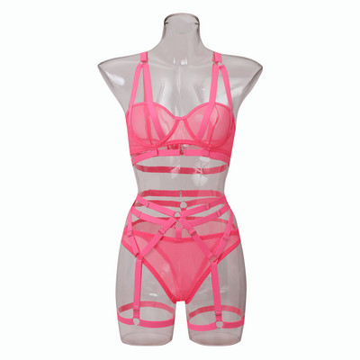 Yimunancy Set de 3 bucăți din dantelă exotică din plasă, transparentă, lenjerie sexy, set de chiloți, bandaj, set de jartiere în cruce