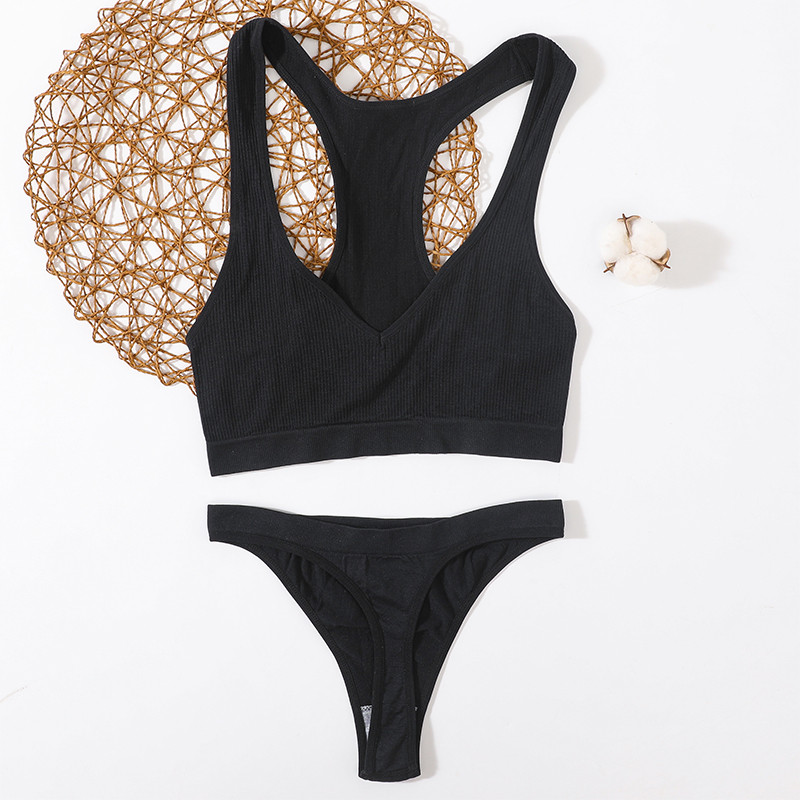 Õmblusteta rinnahoidjakomplekt Naiste aluspesu Naiste pesukomplekt soonikkoes Topid Juhtmevaba rinnahoidja kõrge sääre vöökohaga stringid Mood Tank Crop Top