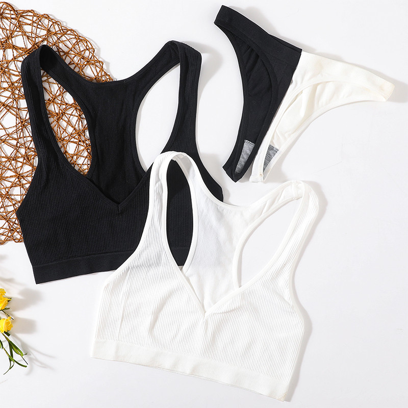 Õmblusteta rinnahoidjakomplekt Naiste aluspesu Naiste pesukomplekt soonikkoes Topid Juhtmevaba rinnahoidja kõrge sääre vöökohaga stringid Mood Tank Crop Top