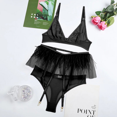 Ellolace roz femeie lenjerie jartiere cu dantelă pene sutien fără fir Lenjerie sexy pentru femei fără cenzură fără sudură intim 3 piese