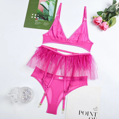 Ellolace roz femeie lenjerie jartiere cu dantelă pene sutien fără fir Lenjerie sexy pentru femei fără cenzură fără sudură intim 3 piese