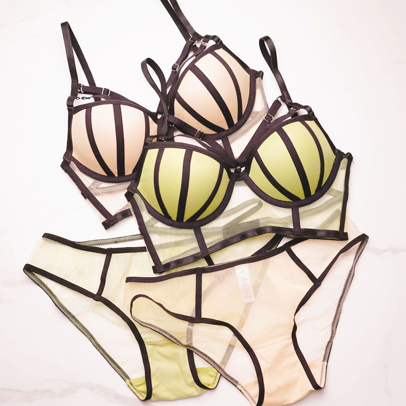Kontrastvärvi triibuline sidemega Push Up rinnahoidja komplekt aluspesu võrgust läbipaistvad aluspüksid naiste ilus seksikas pesu 2022 uus