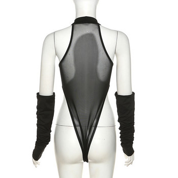 BKLD Φθινοπωρινά ρούχα για γυναίκες 2022 Νέα μόδα με στρογγυλή λαιμόκοψη Διχτυωτό μπλουζάκι με μονοκόμματα ραφές μαύρο κορμάκι με γάντια