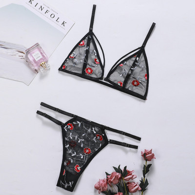 Εσώρουχα σέξι κοστούμι Διάφανο σουτιέν Γυναικείο 2 τεμάχια Floral κέντημα Εσώρουχο κοστούμι δαντέλα χωρίς ατσάλινο στήριγμα Σουτιέν S-XL