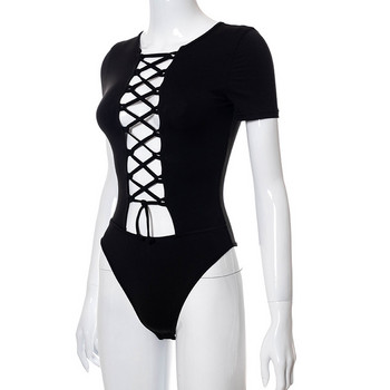 BKLD Festival Ρούχα Μπλούζες για Γυναικεία Καλοκαίρι 2021 Νέο μονόχρωμο στρογγυλό λαιμό κοντό μανίκι με κορδόνι σταυρωτό κούφιο μαύρο κορμάκι