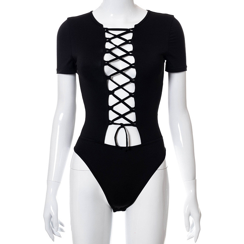 BKLD Festival Îmbrăcăminte Topuri pentru femei, vara 2021, noua culoare solidă, cu gât rotund, cu mânecă scurtă, cu șireturi, încrucișată, negru