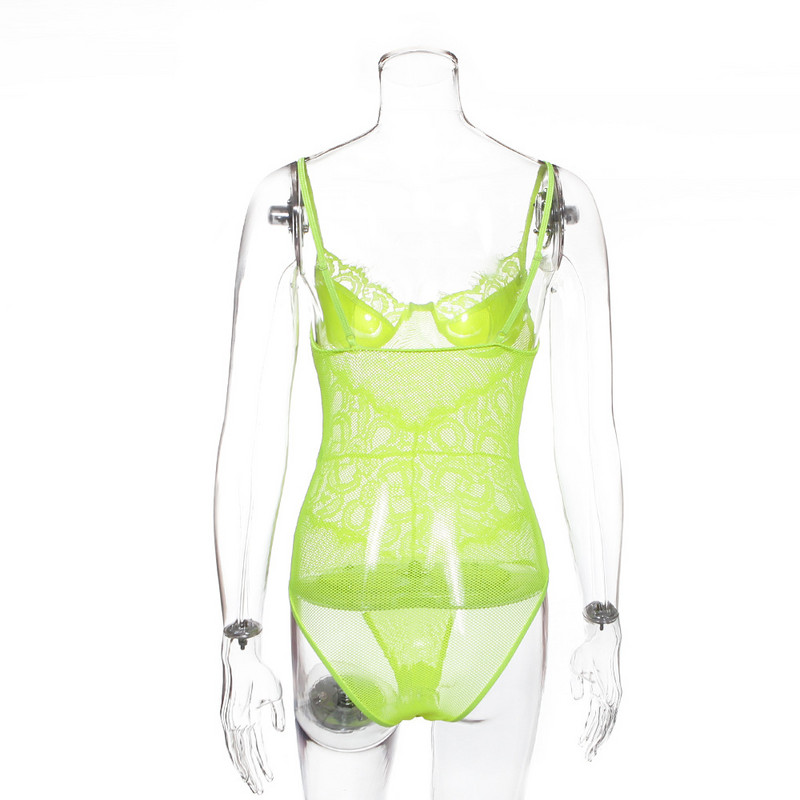 BKLD 2019 Body cu bretele pentru femei Body din dantelă neon Salopetă pentru femei Romper cu decolteu în V Sexy Clubwear Body dintr-o singură bucată pentru femei